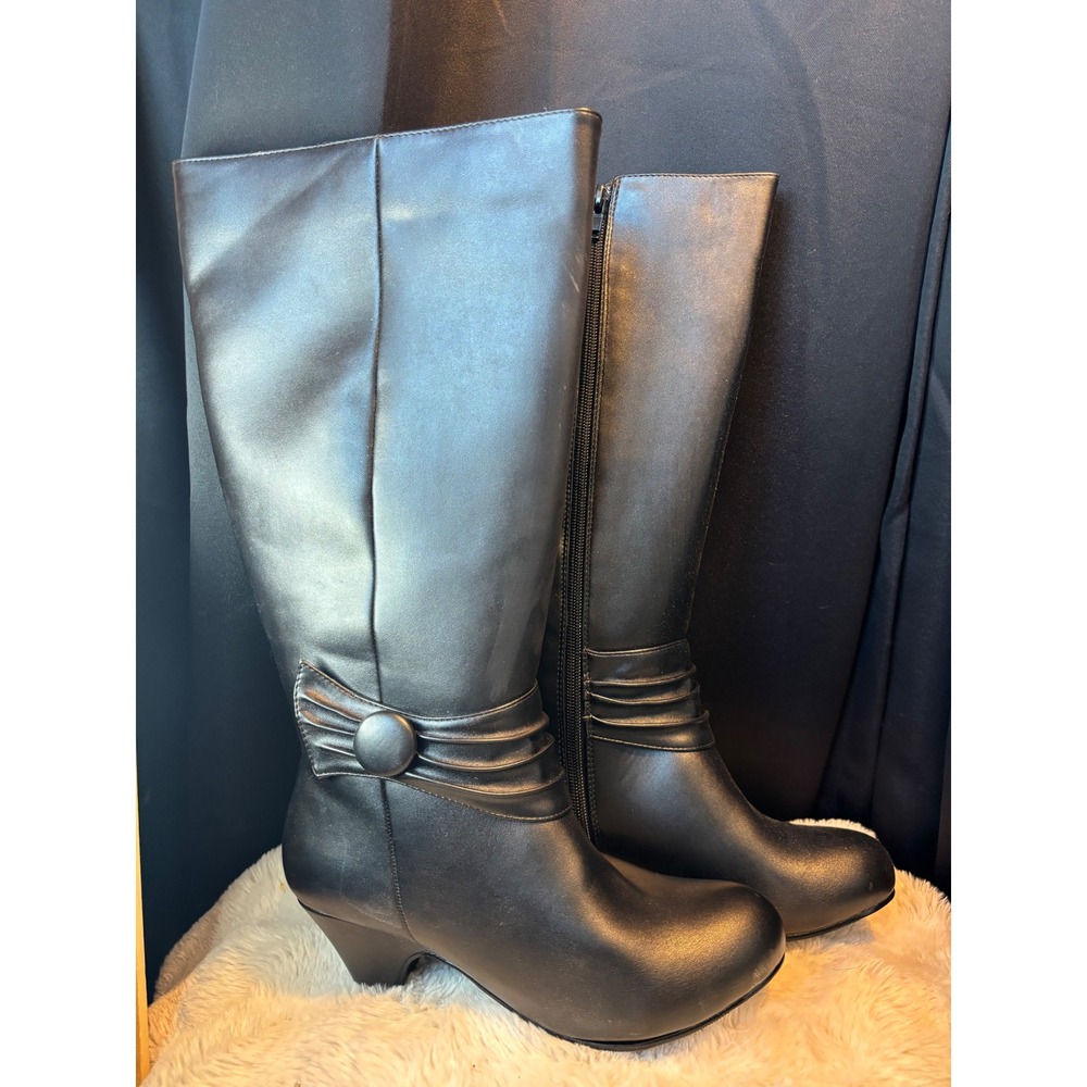 Valley Lane Black Ruched Button Knee High Boots Wide Width 7WW Witchy